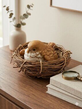 Vintage Giftcraft Taiwan Ceramic Bird Figurine in Natural Twig Nest Decor